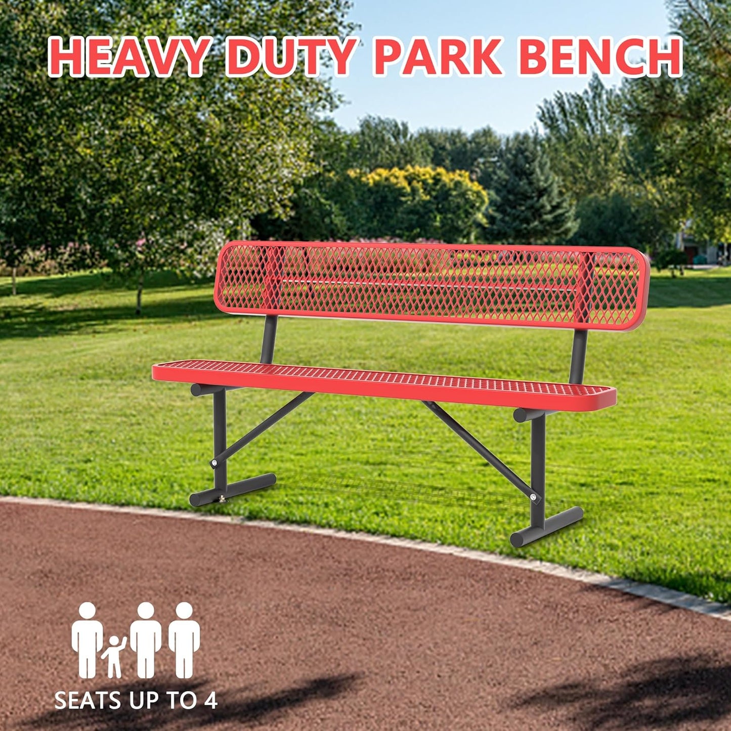 6FT Park Bench for Outside, Heavy-Duty Garden Bench W/ Back, Red Outdoor Metal Bench for Sitting Area, Commercial Bench for School Patio Porch Backyard Sports Church Locker Room Shopping Centers