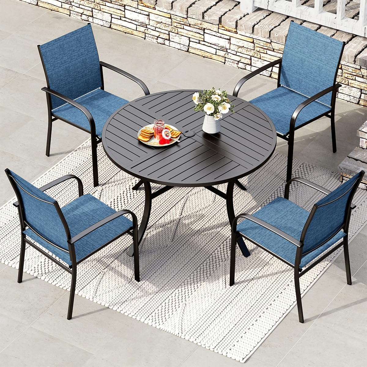 HERA'S HOUSE 5 Pieces Patio Dining Set, 4 x Blue Textilene Dining Chair, 42" Metal Round Dining Table, Patio Table and Chairs Set for Lawn Garden Backyard Deck
