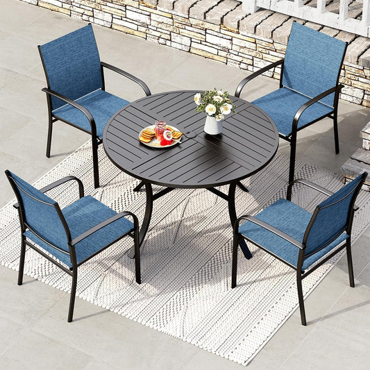 HERA'S HOUSE 5 Pieces Patio Dining Set, 4 x Blue Textilene Dining Chair, 42" Metal Round Dining Table, Patio Table and Chairs Set for Lawn Garden Backyard Deck