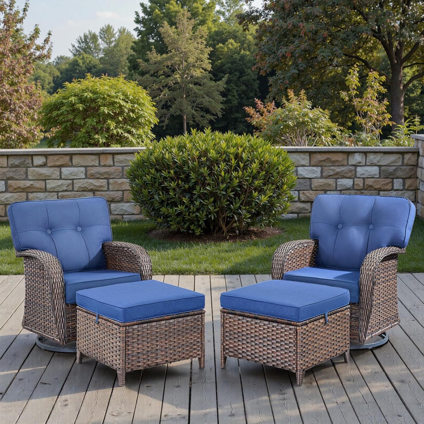 4-piece rotating balcony chair set with 31-inch T-shaped wide backrest - rattan outdoor rotating balcony chairs, wide backrest comfortable outdoor sliding chair - Brown Rattan | Blue Cushions