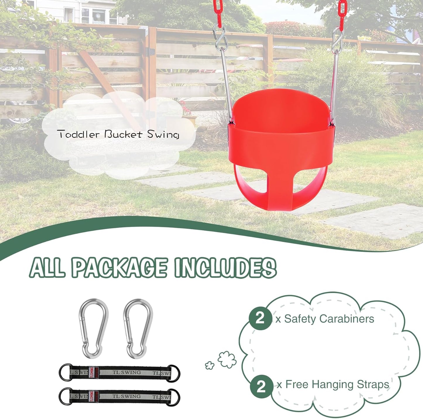Heavy-Duty Toddler Swing with Coated Safety Chains-High Back Bucket Seat Includes Tree Straps,Hooks for Backyard, Playground,Outdoor Use (Red)