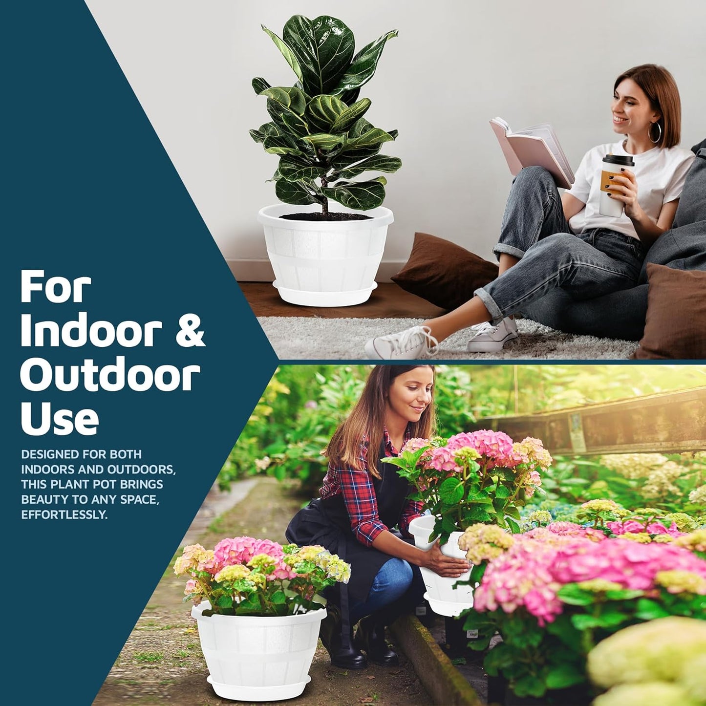 10-Inch Whiskey Barrel Planters Outdoor Pack of 2 - Durable Plastic Plant Pots for Indoor & Outdoor Use with Drainage & Saucer, Lightweight Rustic Barrel Planters for Flowers, Herbs & Small Plants