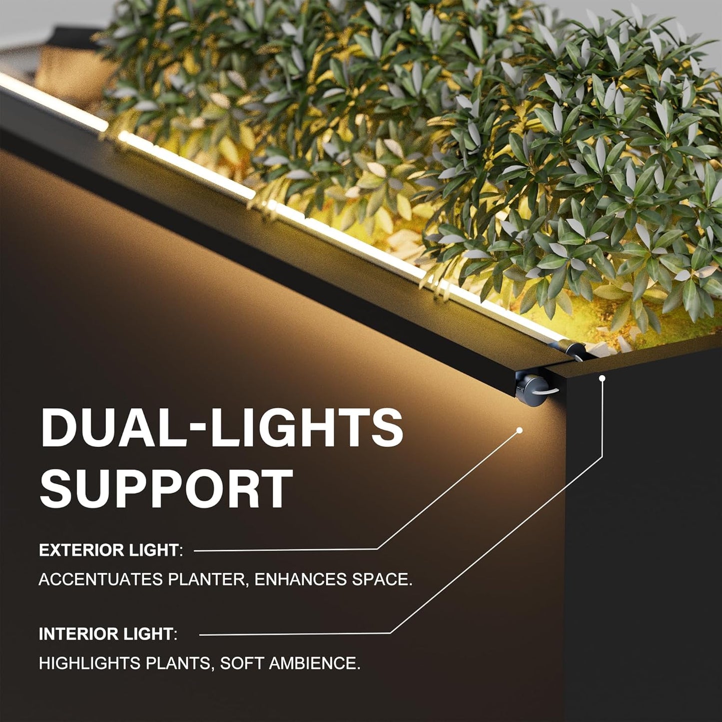 GSK Tall Light Vibe Decor 30" H×10" W×37.9" L Metal Span Planter Box LED Lighting Strips×2 Indoor Divider Rectangle Insert Tray 3 Drainage Holes Garden Plants Flower Outdoor Separation Your Space