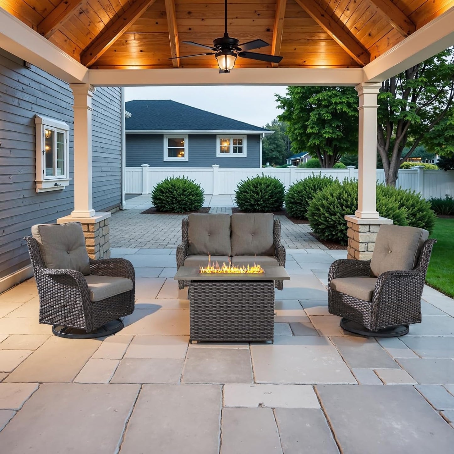 4 Piece Patio Furniture Set with Fire Pit Table - 41inch 50000 BTU Propane Fire Pit Table with High Back Loveseat Glider Chair and 2 Swivel Rocker Chair for Casual Gathering