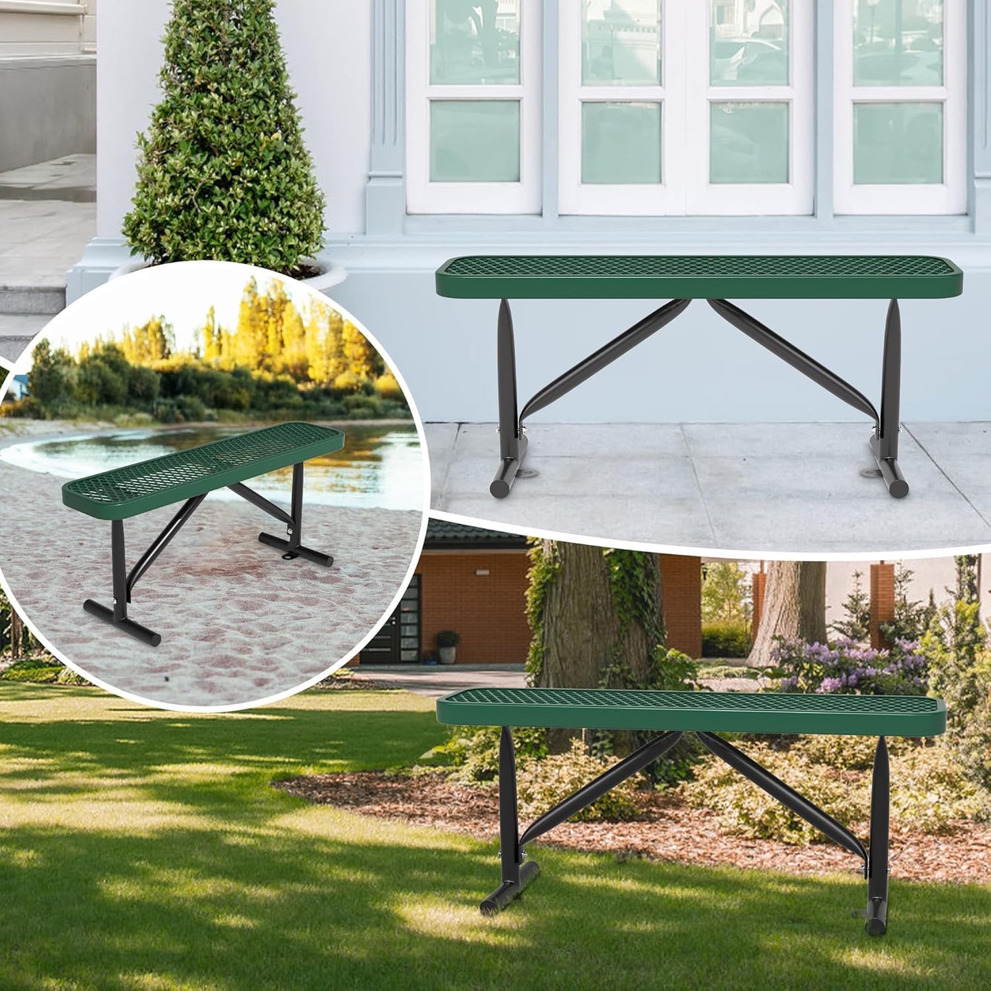 48" L Outdoor Steel Flat Bench, Heavy Duty Metal Park Bench for Outside, Expanded Metal, Commercial Benches Mesh Bench for Shopping Mall, Store, Lawn, Park, Patio, Deck, Garden (Green, 4FT)