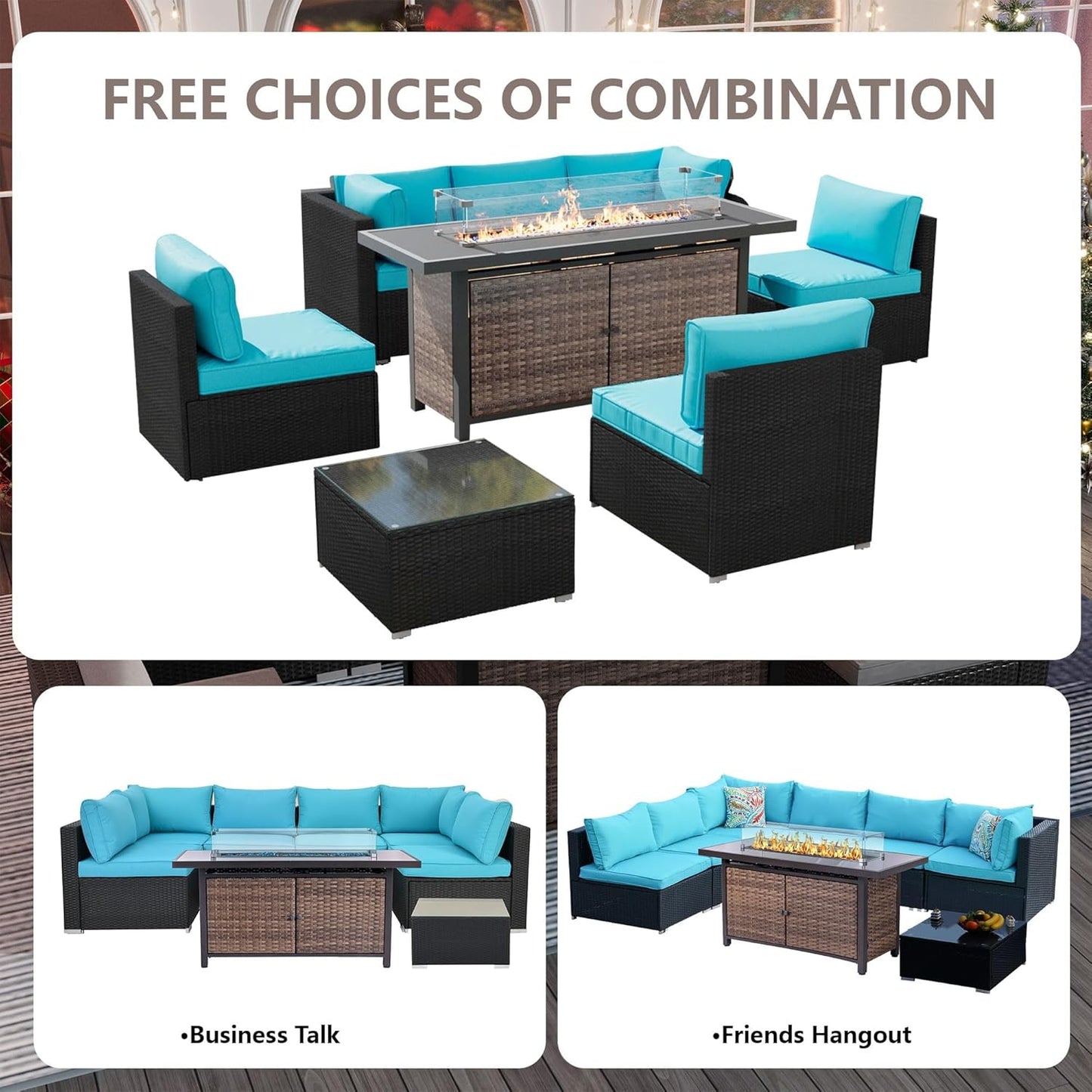 25-Pc Patio Furniture Set - 7 Piece Outdoor Rattan Sofa Set with 57" Fire Table and 17 Accessories, Modular Sofa Set for Garden/Poolside, Blue/Black