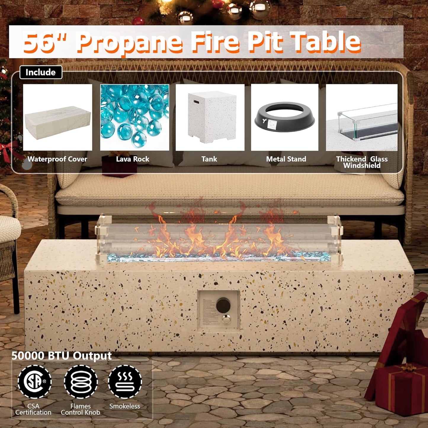 8 Piece Patio Furniture Set - Outdoor Conversation Sets with 56" Fire Table and Coffee Table, Rattan Modular Sofa Set for Garden/Poolside, Grey/Black