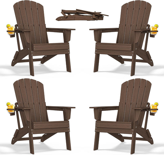 Folding Adirondack Chair with Cup Holder Set of 4, HDPE Patio Chairs,All-Weather Outdoor Chairs for Backyard, Deck,Fire Pit-Coffee