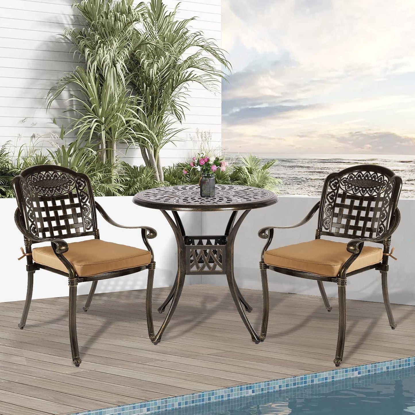 3-Piece Outdoor Patio Dining Set, All-Weather Cast Aluminum Patio Furniture Set for Backyard Garden Deck with 2 Cushioned Chairs and 31” Round Table, 2" Umbrella Hole