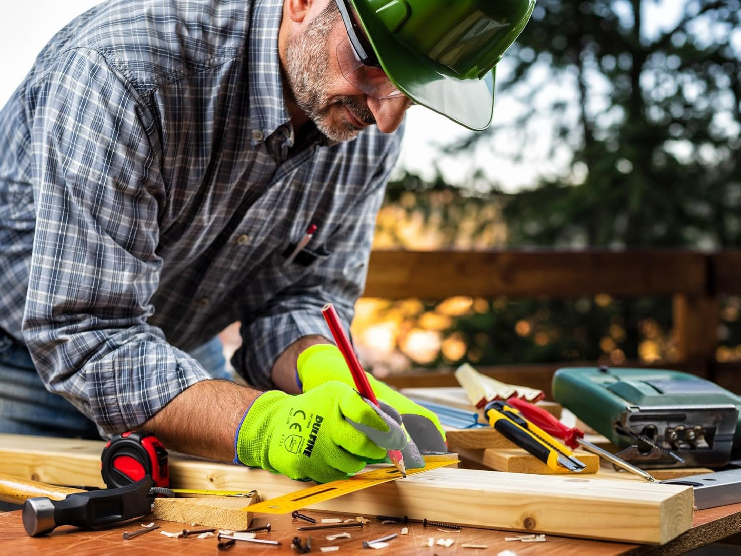 DULFINE Safety Work Gloves for Men PU Coated 12 Pairs Bulk Pack,Hi-Vis Yellow Seamless Knit Glove with thin Polyurethane Coated Smooth Grip on Palm & Fingers,Ideal for General Duty Work (Medium)