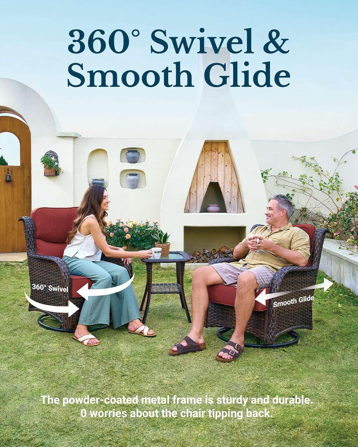 HILLGA Luxury Patio Furniture Set with 6-inch Thick Cushion, Outdoor High Back Swivel Rocker Patio Chairs, 5PCS Wicker Conversation Set for Deck Yard and Poolside, Burgundy (V2)