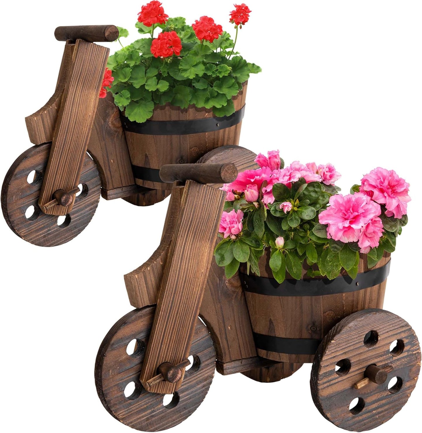 Adnee 2 Pcs Wooden Barrel Tricycle Planter-Rustic Cart Garden Planter Pot-Decorative Raised Barrel Wagon Planter for Indoor Decor Outdoor Patio Lawn Garden Backyard