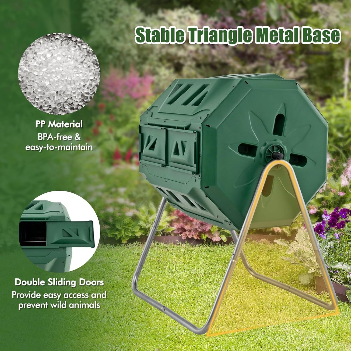 Goplus Compost Tumbler, 43 Gallon Rotating Compost Bin Barrel, Dual Chamber Tumbling Composter with Sliding Door, Gloves, Aeration System for Outdoor, Garden, Yard