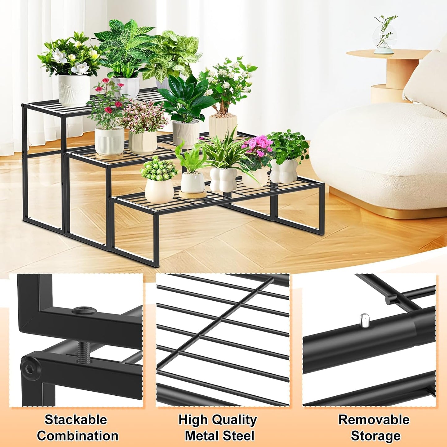 3 Tier Metal Plant Stand Indoor Outdoor, Potted Multiple Flower Pot Holder Rack Plant Shelf, Heavy Duty Planter Display Shelving for Patio Balcony Garden Living Room Decorative (3 Tier- Black)