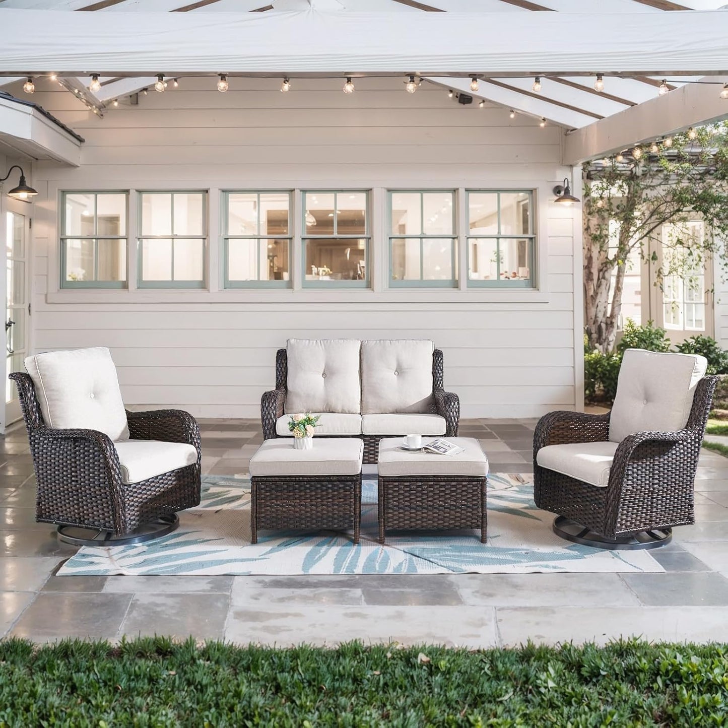 5 Piece Outdoor Patio Furniture Set - Wicker Furniture Patio Conversation Set, Outdoor Swivel Rocker Chairs with Loveseat Sofa and 2 Ottomans for Small Space, Beige Cushion