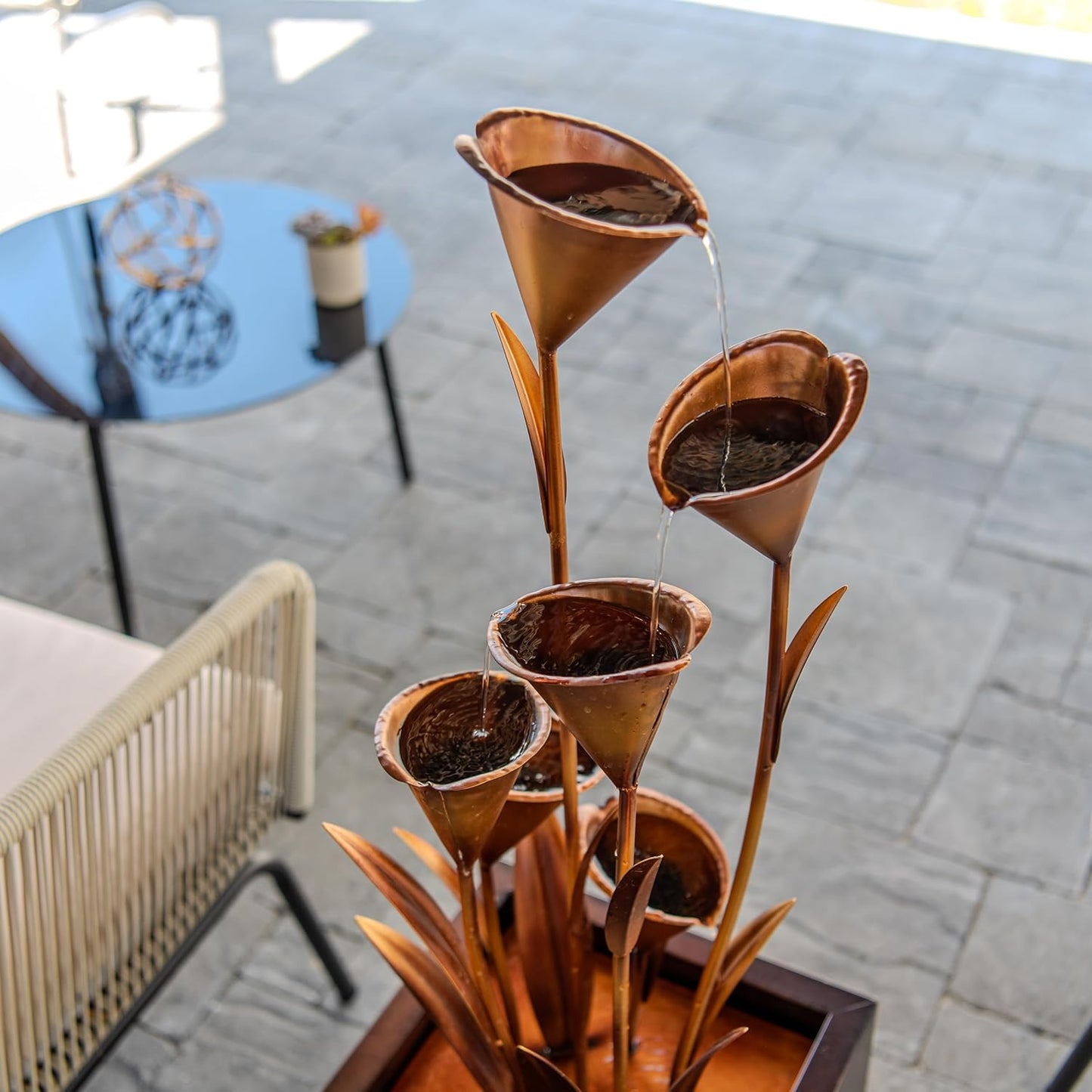 XBrand Sculptural Freestanding Metal Multi-Tiered Water Fountain w/Flowers, No LED Lights, Bronze, 46" Tall