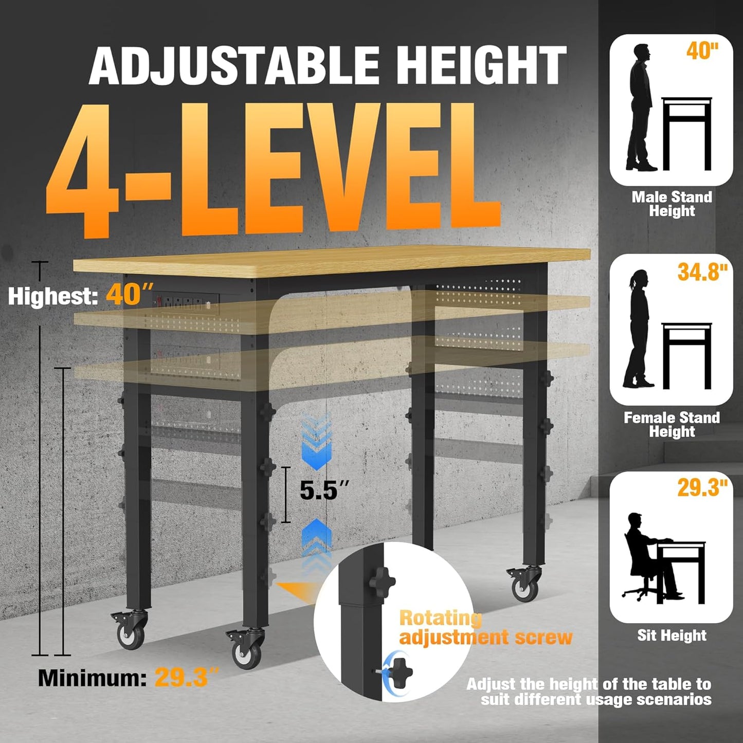 60" Heavy Duty Work Bench with Wheels, Adjustable Height 2000 Lbs Garage Workbench w/Pegboard Pad & Power Outlets, Portable Mobile Tool Work Table for Woodworking Workshop Home Office (60" L)