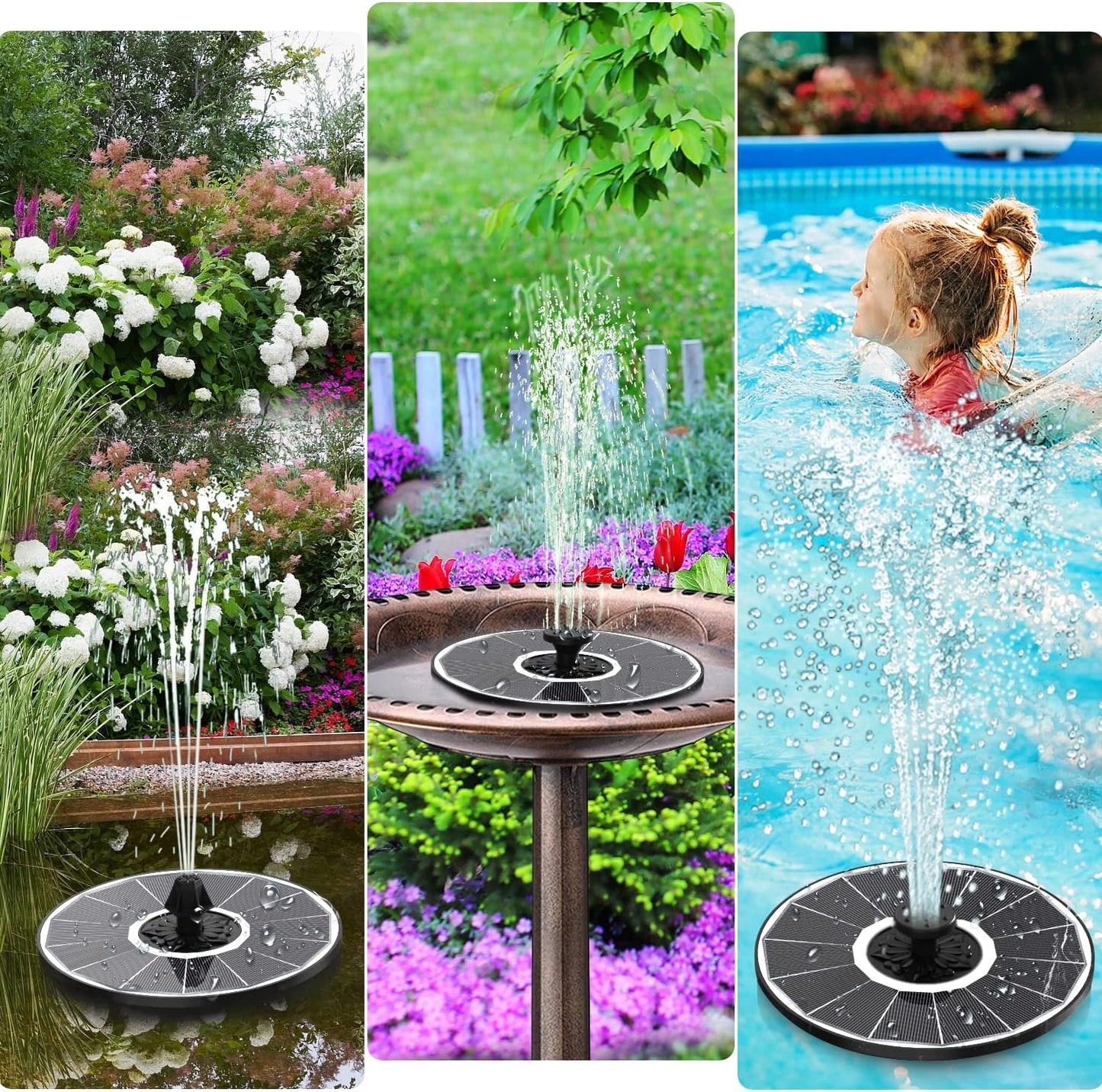 Solar Fountain Pump with 2000 mAh Battery Backup Works in Shade, 3.5 W Glass Floating Solar Powered Water Fountain with 7 Nozzles for BirdBath, Garden, Outdoor, Patio, Pond-White