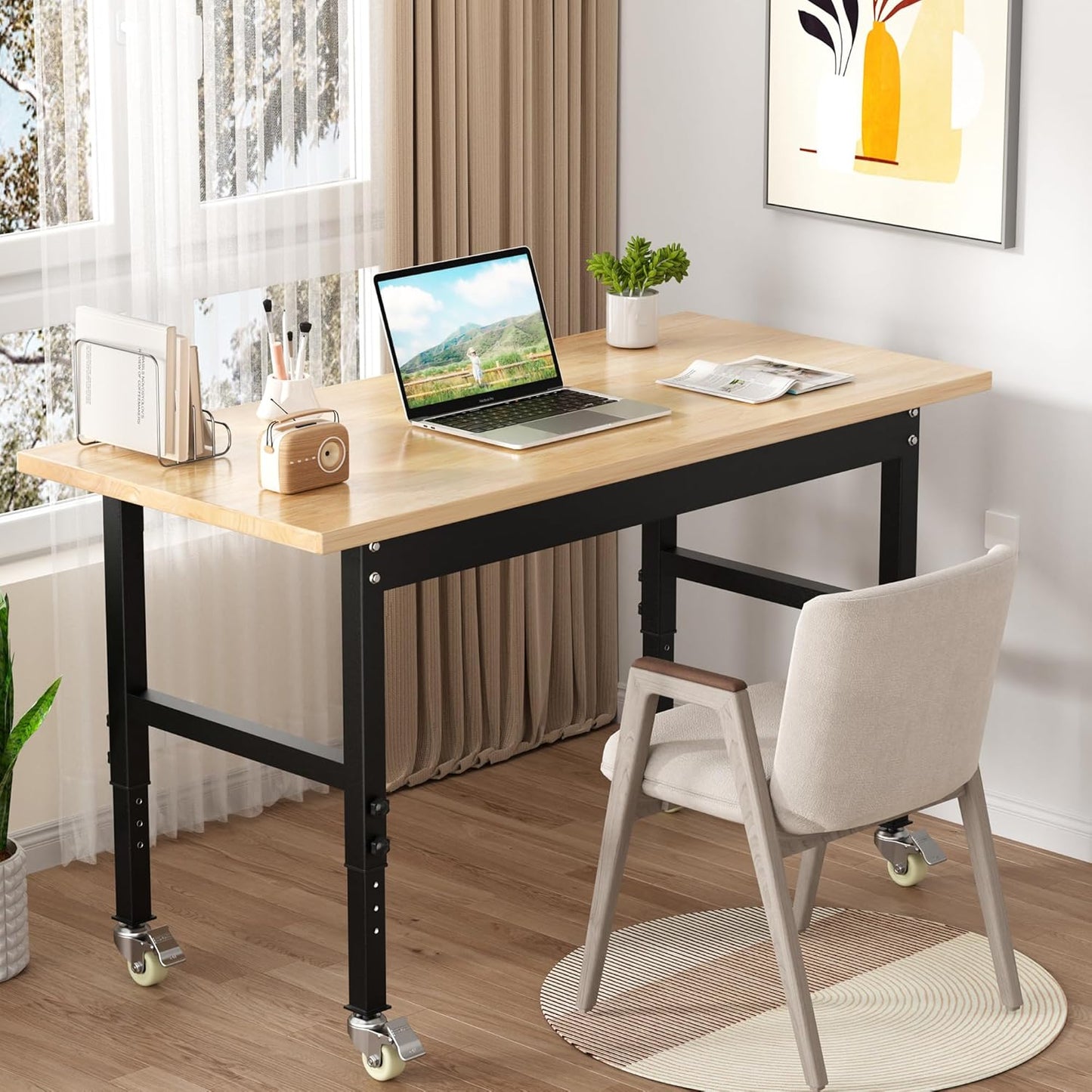 48’’ Work Bench Adjustable Workbench Heavy Duty Work Table with Wheels, 2000 Lbs Capacity Hardwood Work Benches for Garage, Workshop, Office, Home