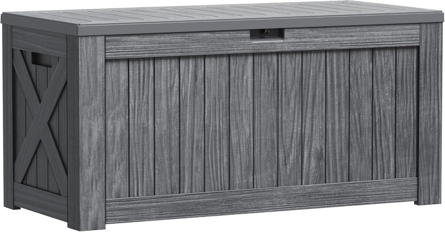 Greesum 120 Gallon Outdoor Storage Box with Lock - Large Resin Deck Box, Reinforced Lid for Garden, Patio, Lawn, Gray