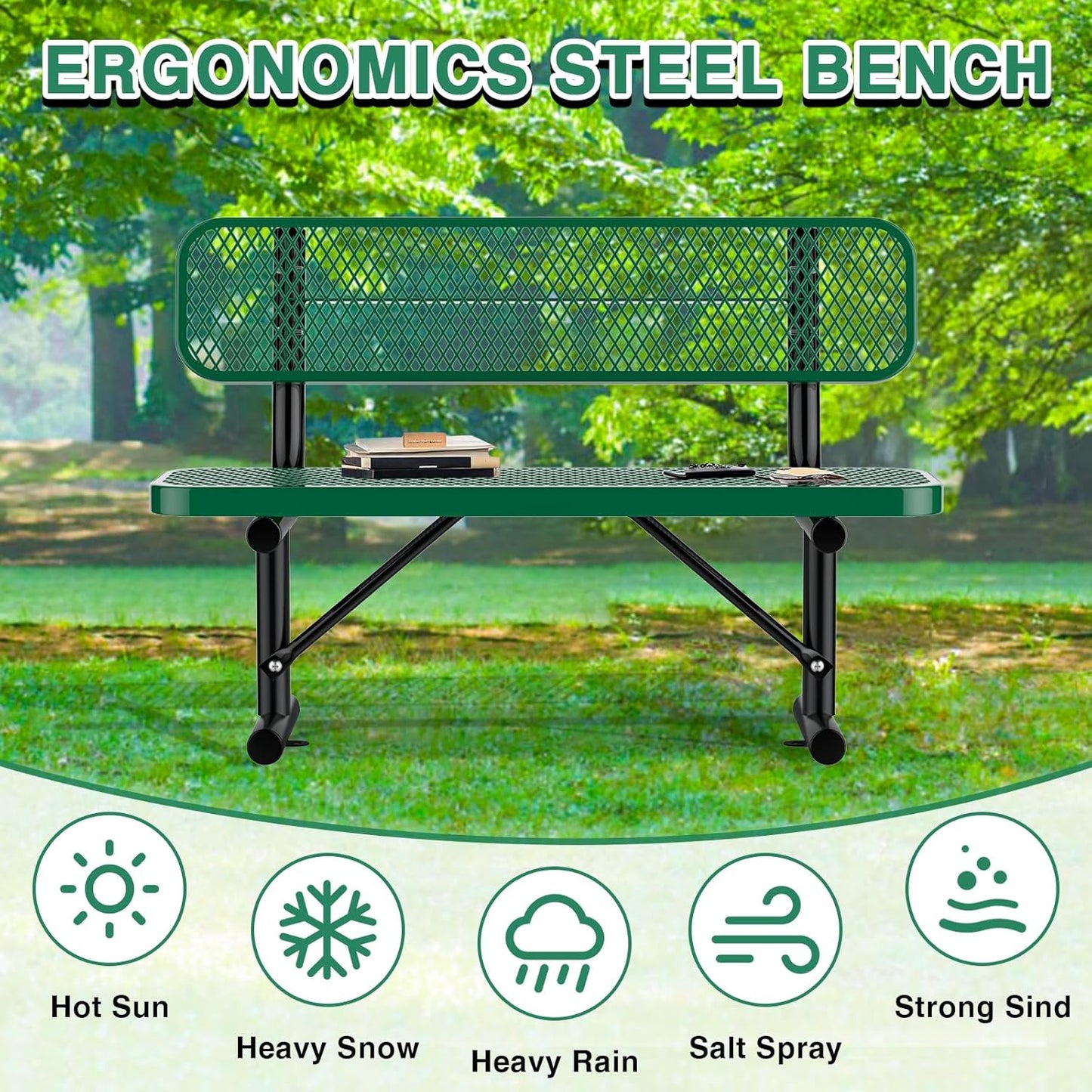 4FT Heavy Duty Park Bench with Back Portable Frame, Outdoor Metal Park Bench with Backrest, Steel Mesh Outdoor Bench for Garden, Lawn, Patio, Porch, Park, Yard, Green