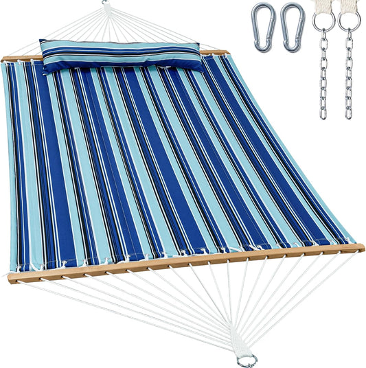 2 Person Hammocks for Outside, Double Quilted Fabric Outdoor Hammock with Spreader Bar, Large Removable Pillow, Storage Pockets, Carabiners, Max 475 lbs Capacity (Catalina Beach)