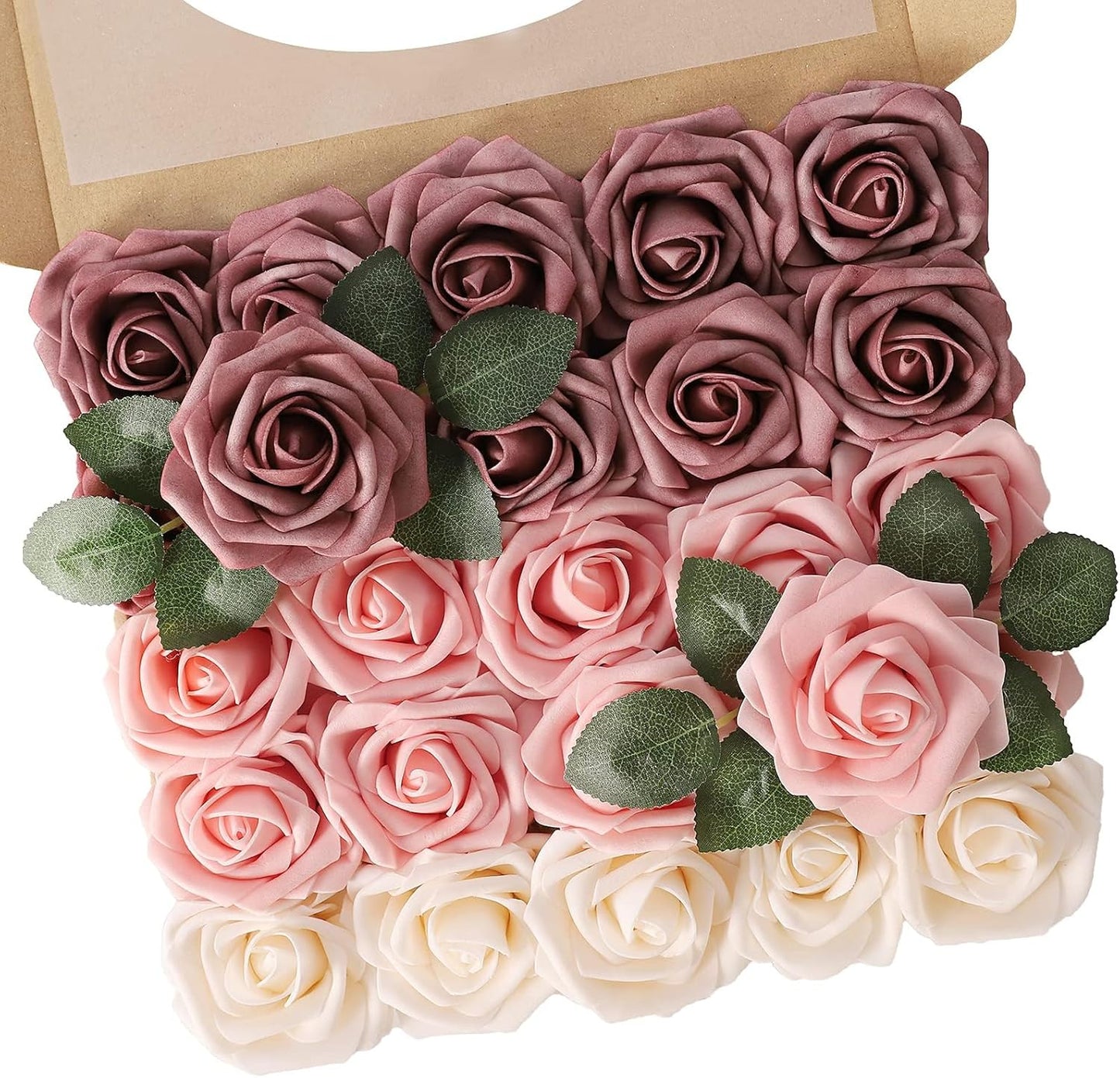 N&T NETING Artificial Flowers Roses 25pcs Real Looking Fake Spring Roses Stem for DIY Wedding Bouquets Centerpieces Arrangements Home Decorations Party Baby Shower Shades of Dusty Rose, Pink & Cream