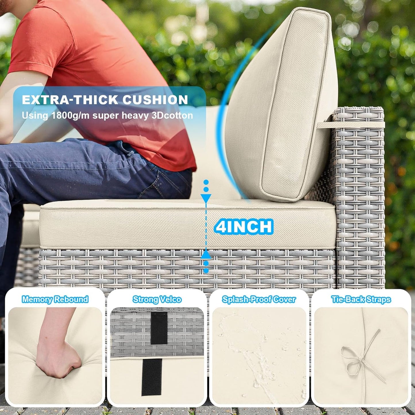 8-Piece Patio Furniture Set, Outdoor Patio Furniture with 55,000 BTU Fire Pit Table, Thick Cushions, Modular Patio Sofa, Dual-Strand Wicker Rattan, Rust-Resistant Frame, Ivory