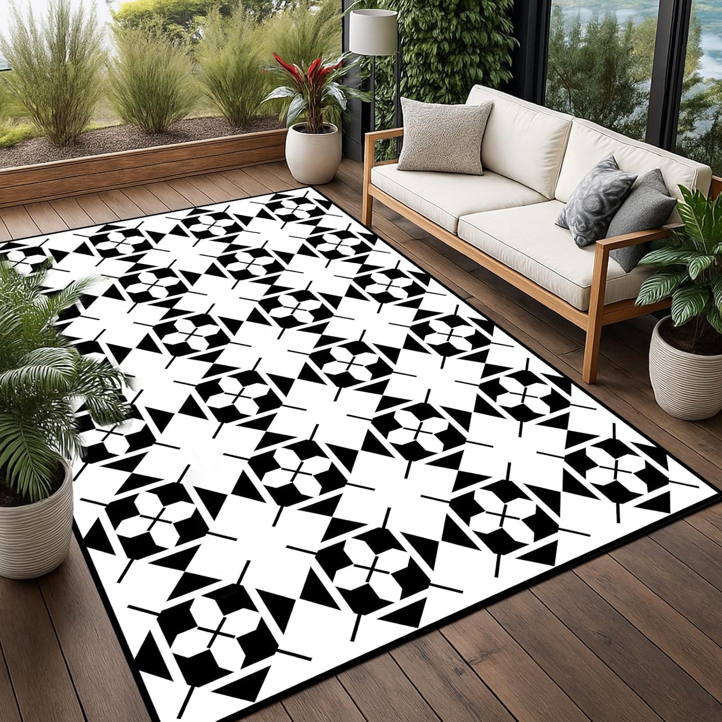 WILDROOTS 5x8 Feet Frame-in-Frame Plastic Outdoor Rug, Stain Resistant Waterproof Reversible Outdoor Patio Rug, Fade Resistant Camping Rug