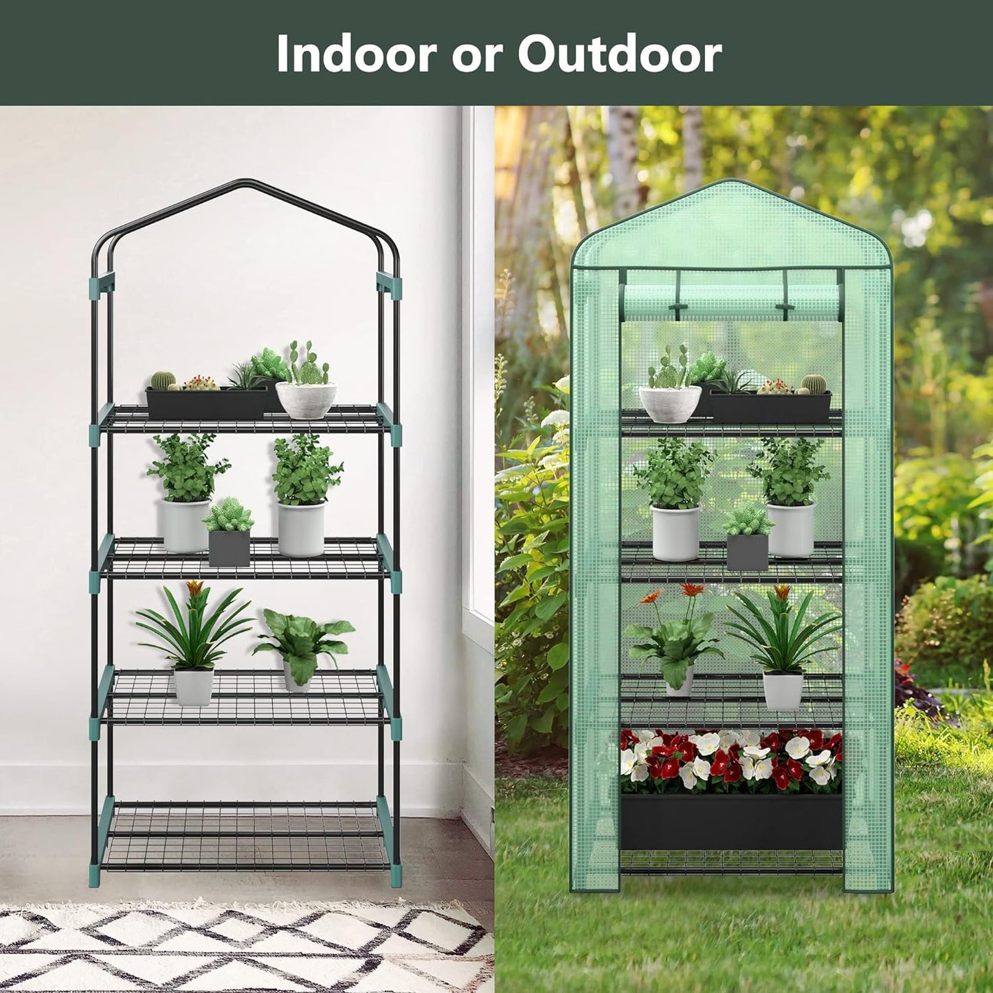 4 Tier Mini Greenhouse Indoor Outdoor with PE Cover and Roll-Up Zipper Door, Portable Waterproof Cloth Greenhouse Tent Grow Seeds & Seedlings, 2.3x1.5x5.3 FT