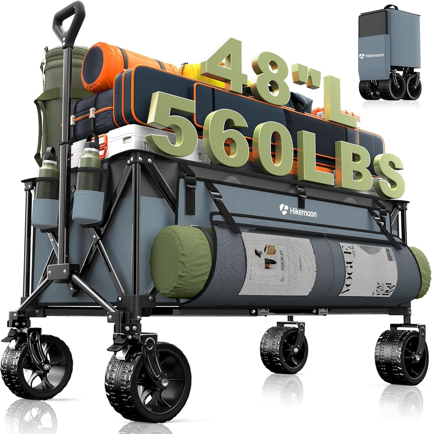 300L Extra Large Wagons Carts Foldable, 560LBS Heavy Duty Collapsible Beach Wagon 48" Long with Big All-Terrain Wheels, Utility Folding Cart for Camping, Grocery, Sports, Garden, Blue & Grey