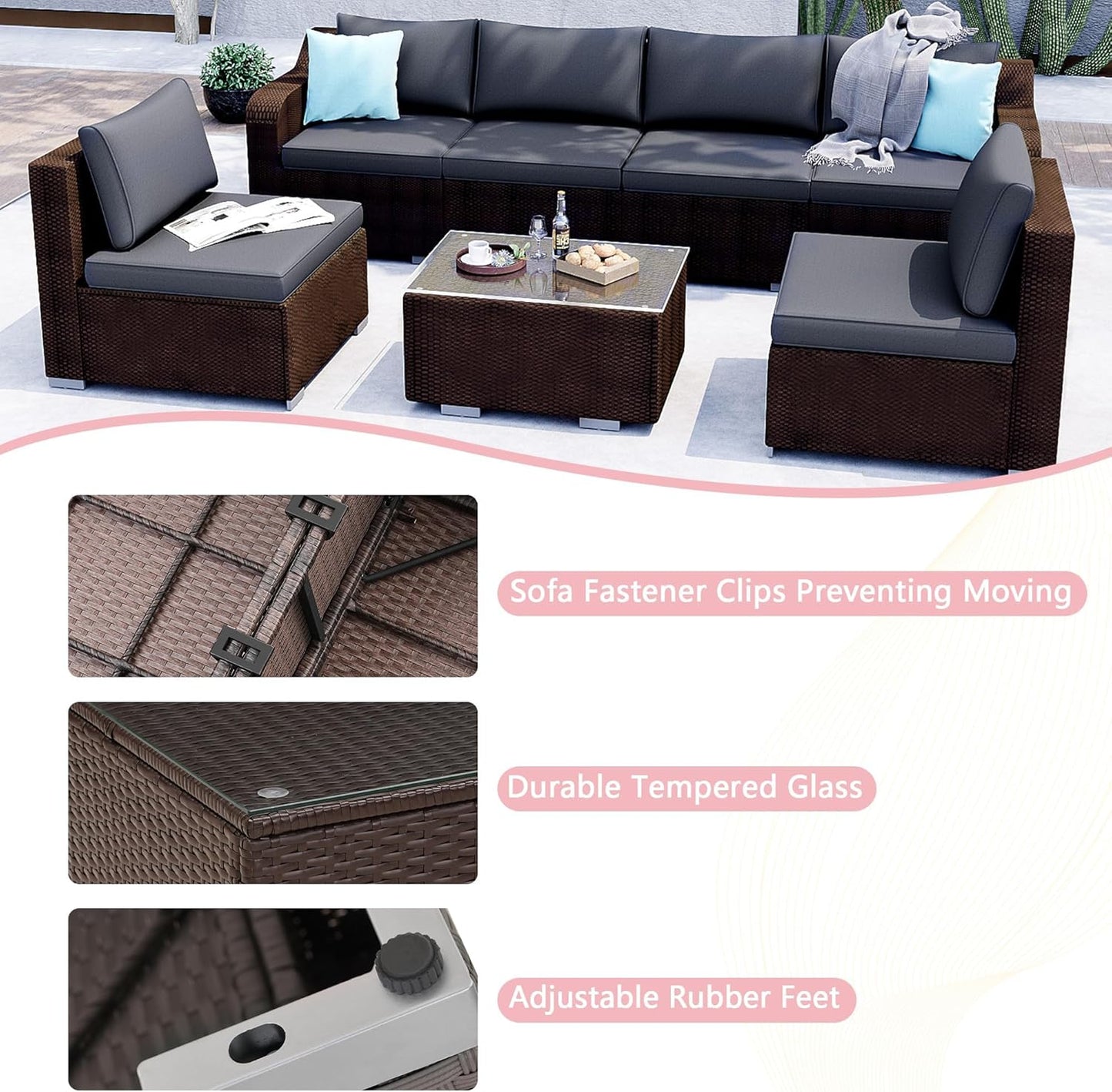 7-Piece Patio Furniture Set - Outdoor Sectional Sofa Set with Cushions and Glass-Top Coffee Table for Gardens, Poolside, Backyards and Porches, Wine/Grey