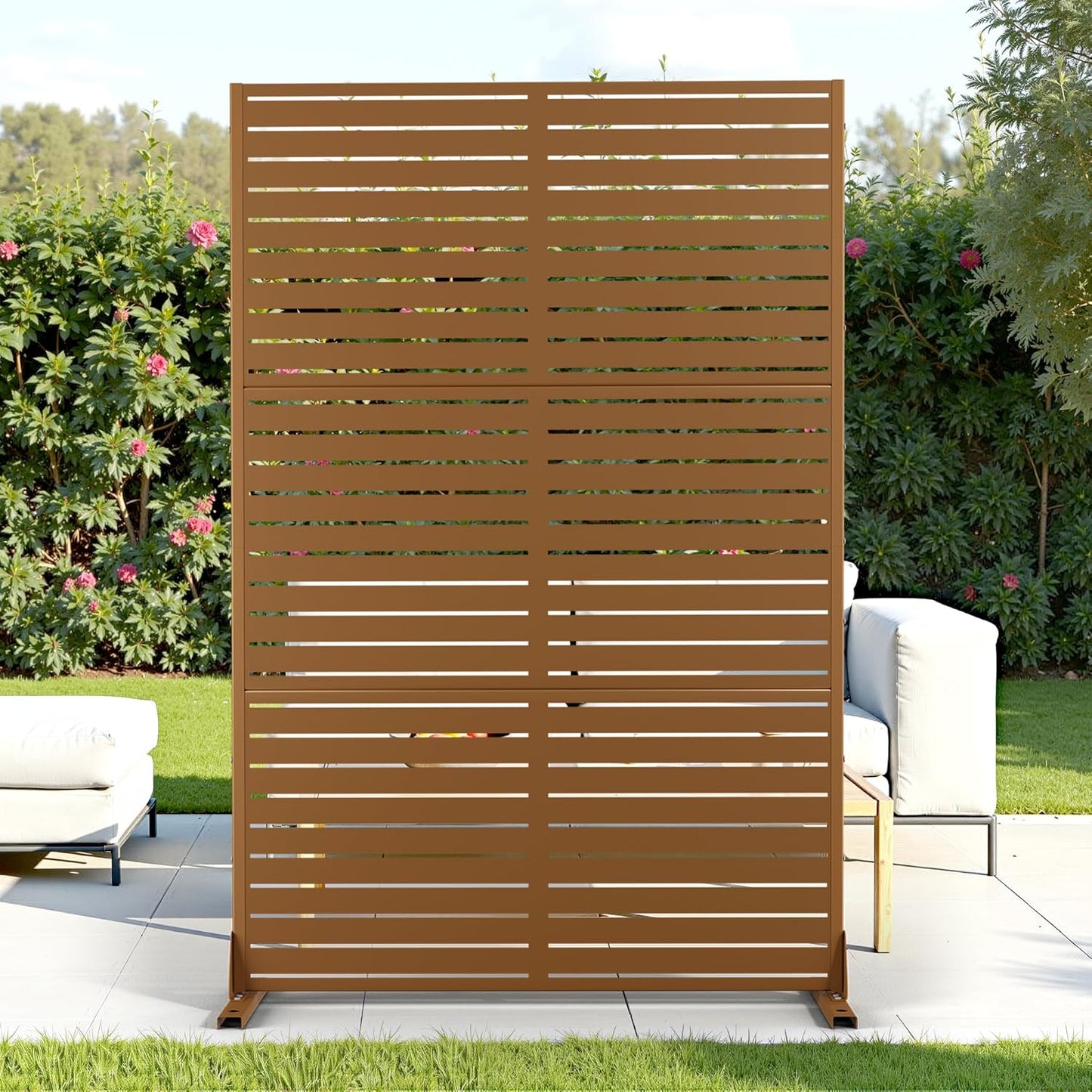 FENCY Outdoor Privacy Screen, 72" H×47" W Metal Privacy Screen, Outdoor Freestanding Privacy Screen & Panels for Deck Patio Balcony(Brown-Louvered)