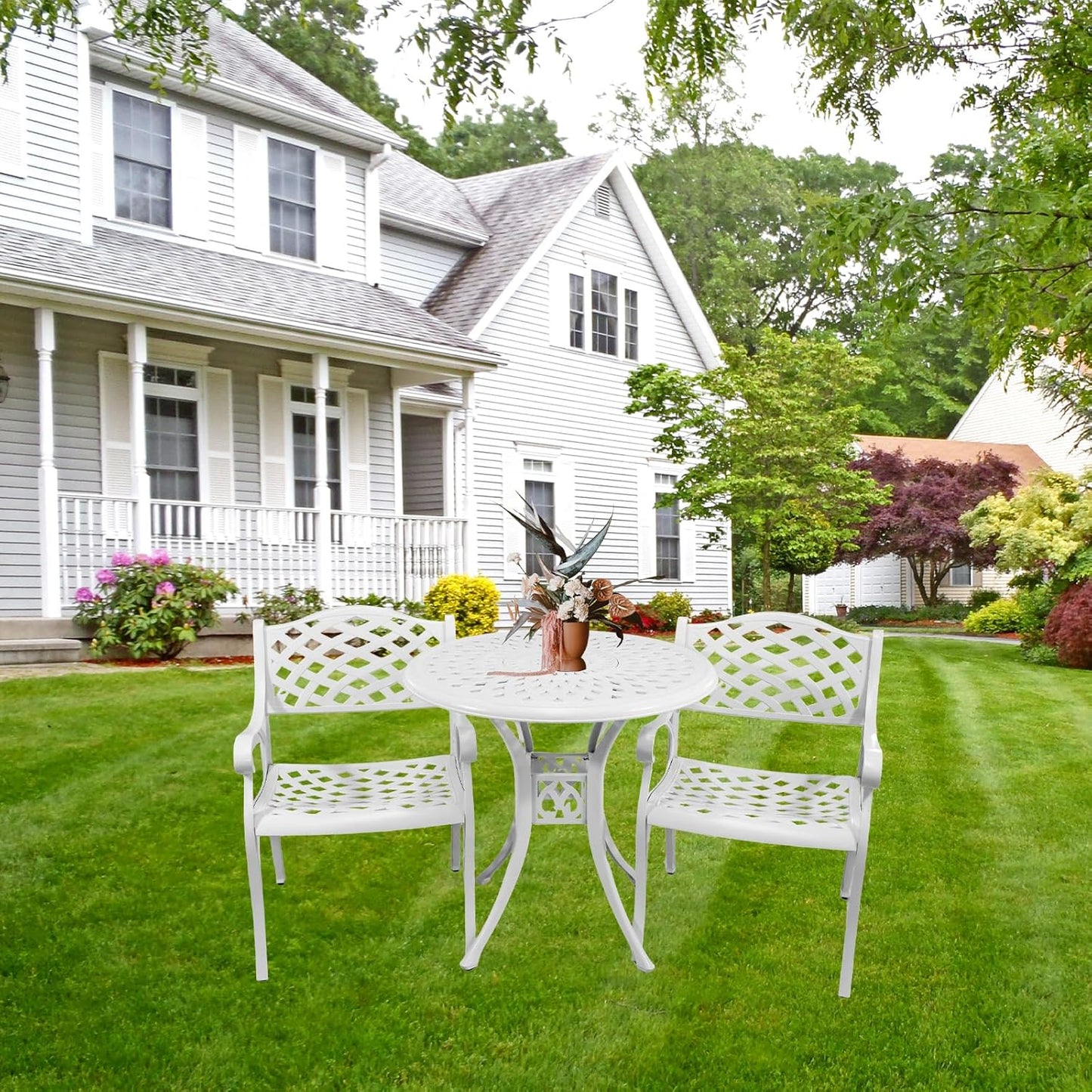 30.31" Outdoor Table and Chairs, Patio Table Set with 2.36" Umbrella Hole, Anti-Resistant Outdoor Dinning Set, Cast Aluminum Patio Furniture Set for Garden, Porch, Deck