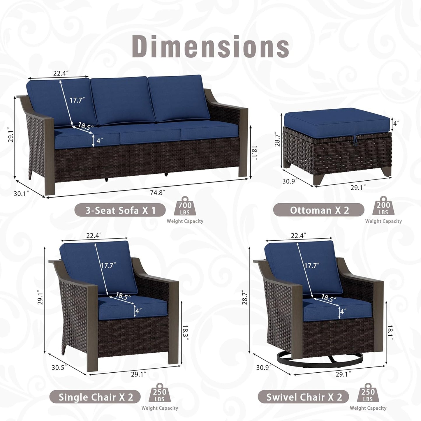 7 PCS Wicker Patio Conversation Set, All-Weather Use Outdoor 2 PE Rattan Swivel Chair, 2 PE Rattan Chair, 2 Ottoman, 1 Patio Sofa, Removable Water-Resistant Cushion, Blue