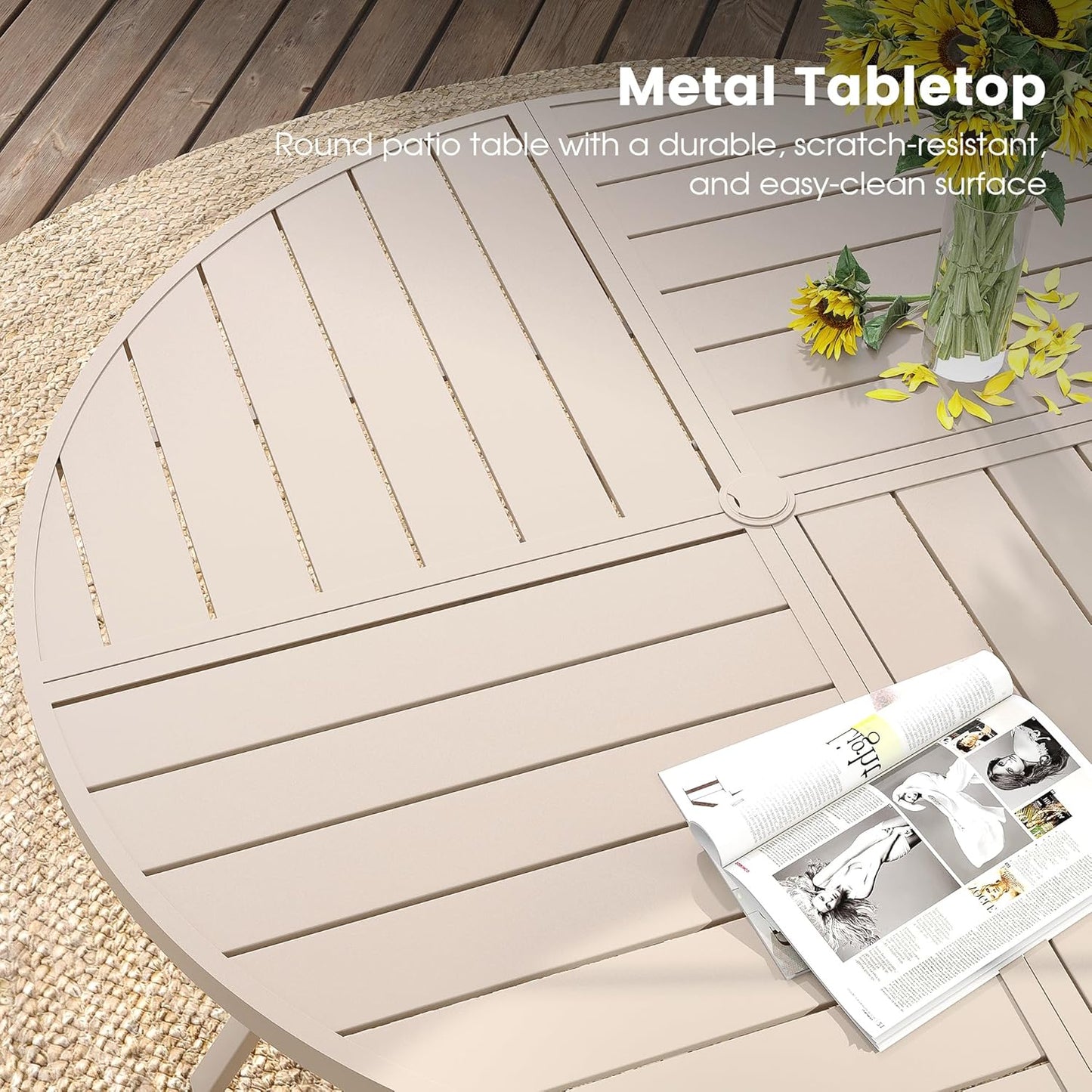 DIFY 59.8" Round Outdoor Patio Dining Table for 8-10, All-Weather Metal Steel Slatted Patio Table with 1.57" Adjustable Umbrella Hole, for Lawn Garden Porch Backyard, Sandshell