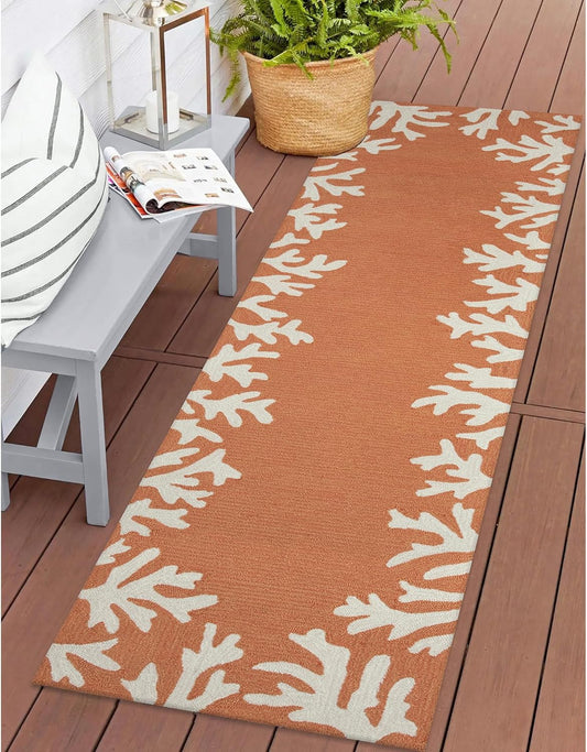 Liora Manne CAPRI Indoor/Outdoor Handmade Synthetic Blend Durable Area Rug - Traditional Border Coastal Beach Accent (Coral Border Coral) (2' x 8')