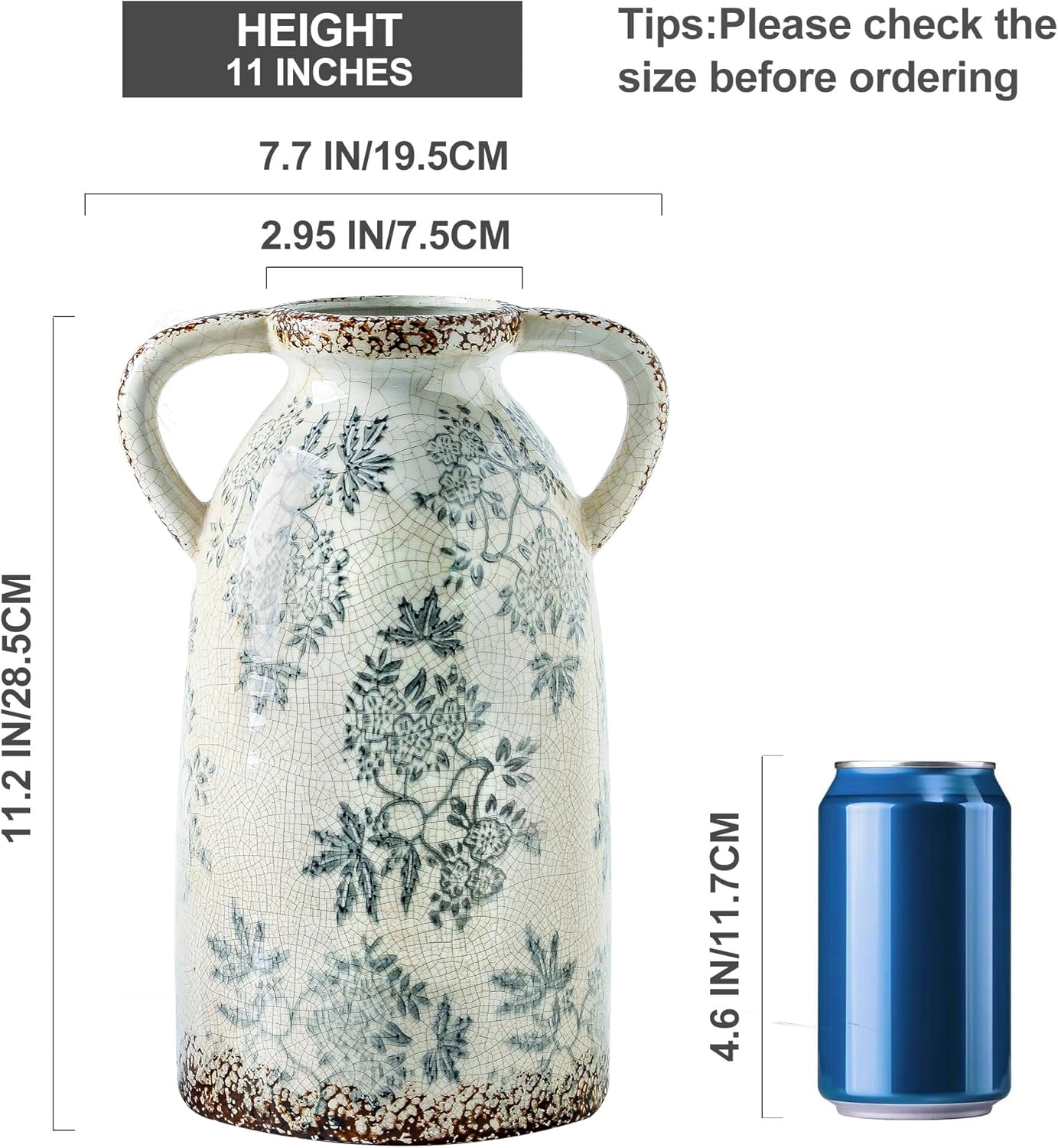 Enra Tall Vintage Blue and White Ceramic Vase with Handle, 11.2 Inch Chinoiserie Decorative Floral Vase, Large Rustic Ceramic Vase for Living Room, Office, Bookshelf, Home Decor