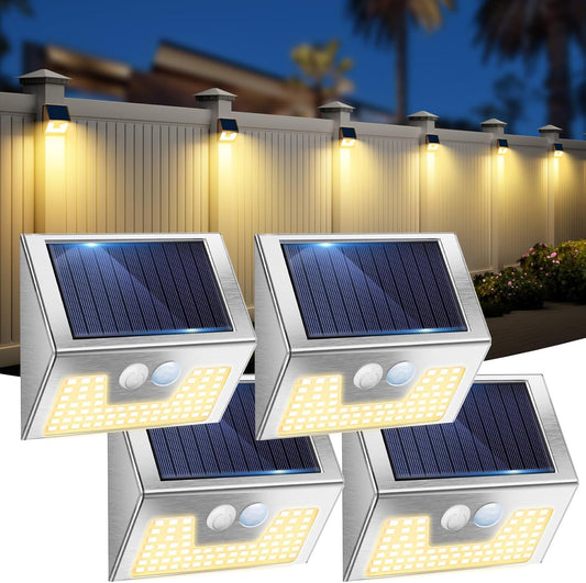 4 Pack Solar Lights Outdoor Motion Sensor, Waterproof Fence Lights 3 Lighting Mode, Warm White LED Outside Light Wireless for Fence Wall Yard Steps Stairs Garden -Stainless Steel
