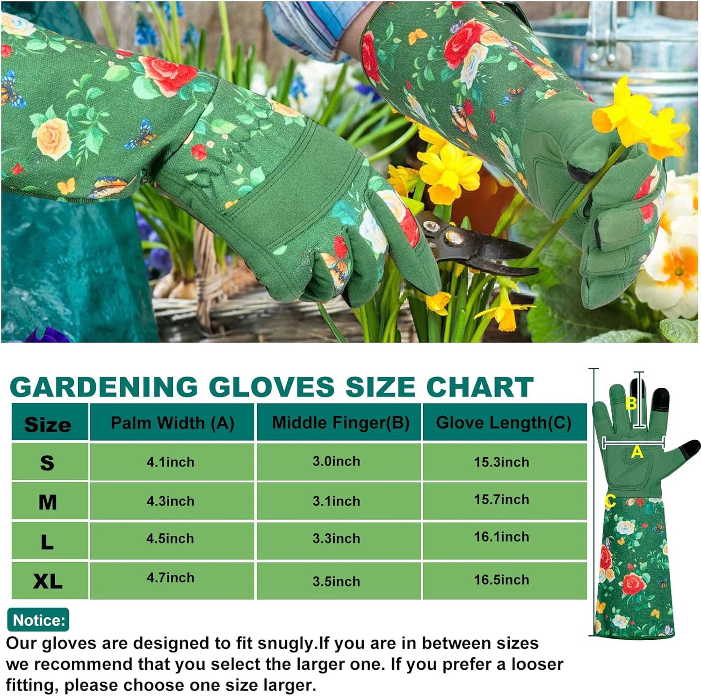DLY Gardening Gloves,Leather Rose Gloves,Women's Long Glove for Gardening Work and Yard Work,Durable and Comfortable(Small, Green