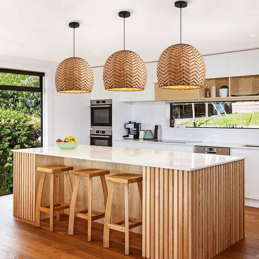 13.77" Rattan Pendant Light 1-Pack Rustic Curry Rattan Hanging Light Hand-Woven Wicker Chandelier for Dining Living Bedroom Kitchen Farmhouse