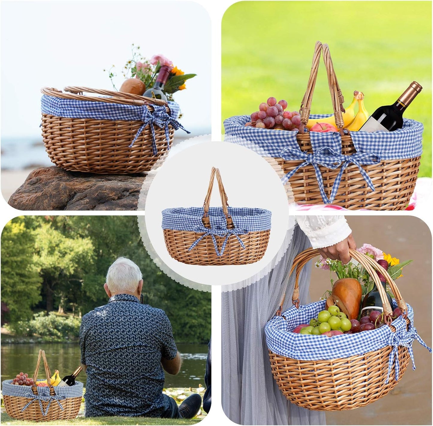 G GOOD GAIN Wicker Picnic Basket with Double Folding Handles,Willow Picnic Hamper,Natural Hand Woven Easter Basket,Easter Eggs and Candy Basket,Bath Toy and Kids Toy Storage,Gift Packing Basket.Blue