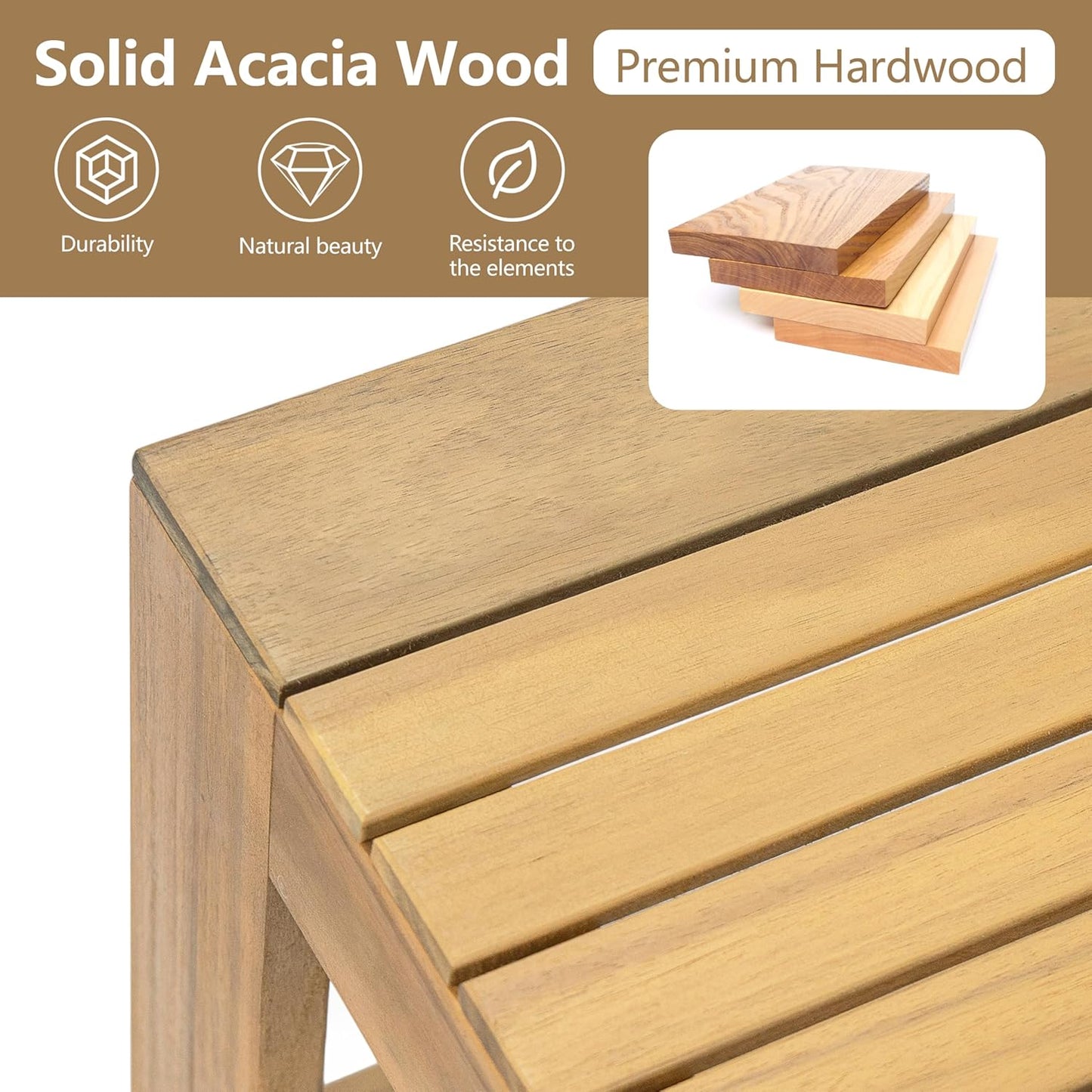 Acacia Wood Sectional Patio Furniture Set, Outdoor 3 Pieces Conversation Set with Acacia Wood Coffee Table for Backyard Porch Garden Balcony