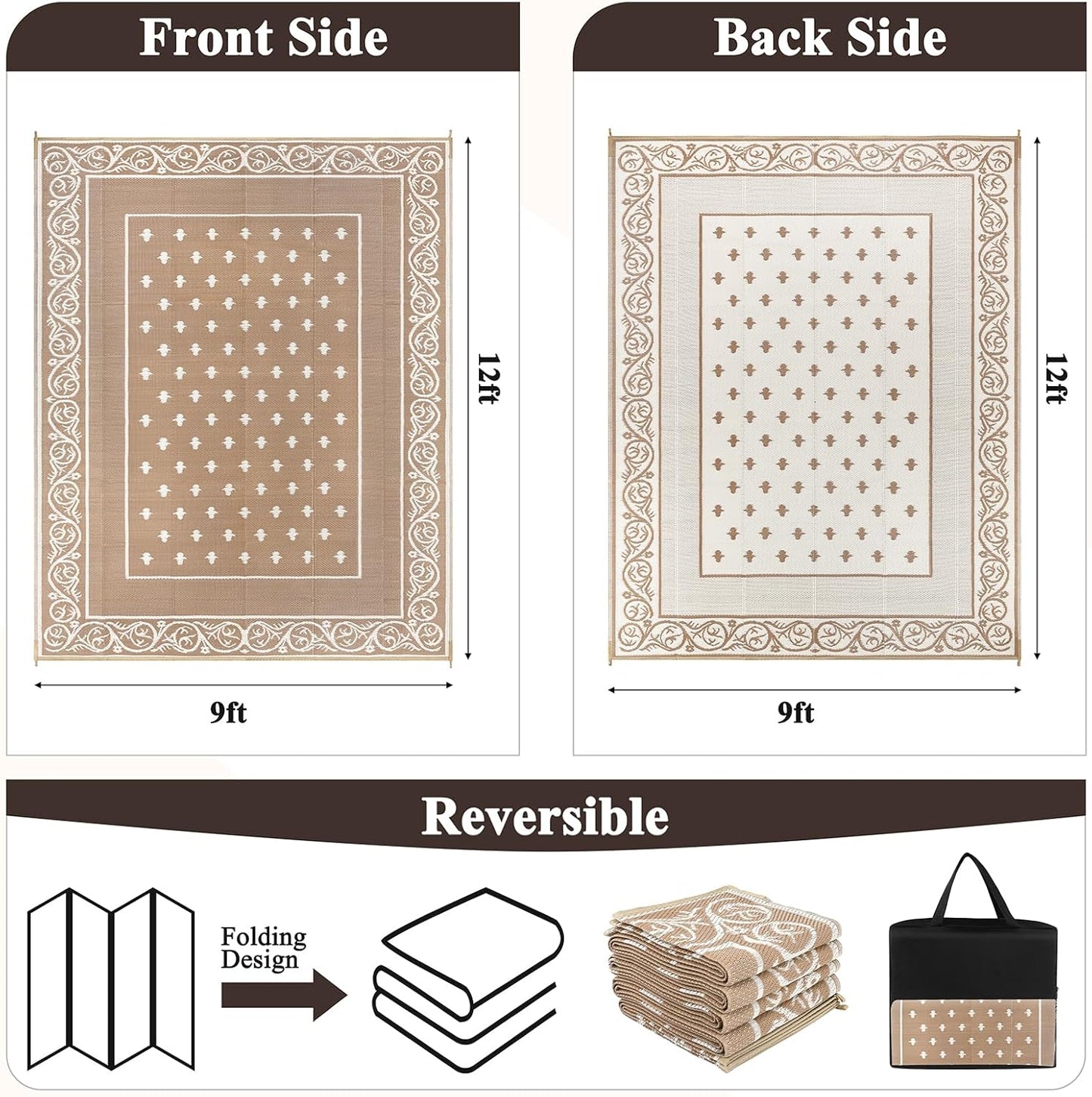 Pauwer Waterproof Outdoor Rug 9x12, Reversible Plastic Straw Patio Camping Rug, Indoor Outdoor RV Mat Carpet for Deck, Camper, Porch, Balcony, Backyard, Picnic, Bordered Beige