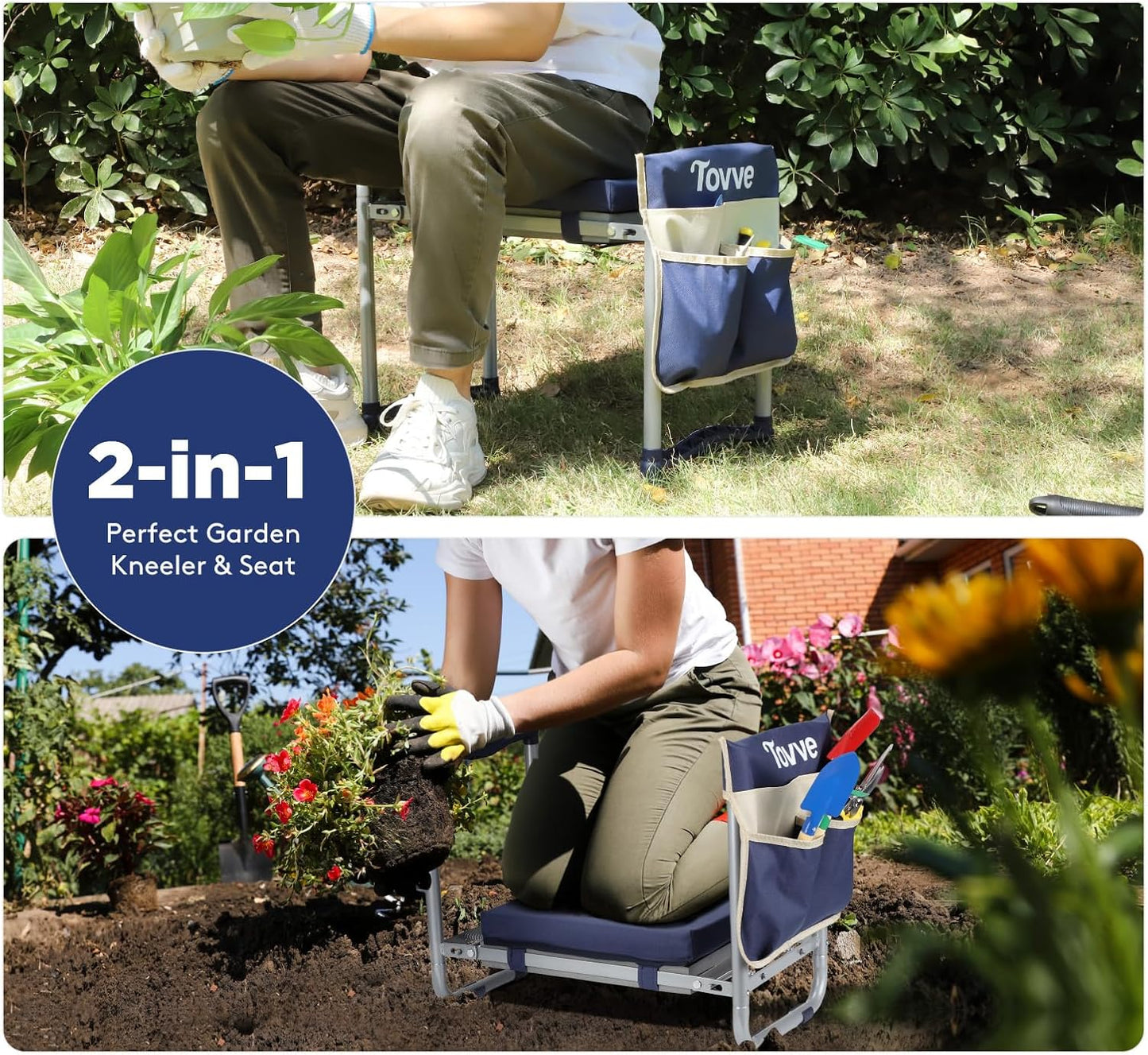 Foldable Garden Kneeler and Seat, Heavy Duty Garden Stool with 10" Wide Detachable Kneeling Pad, Portable Garden Bench Chair with Large Garden Tool Bag, Gardening Gifts for Women, Seniors, Mom