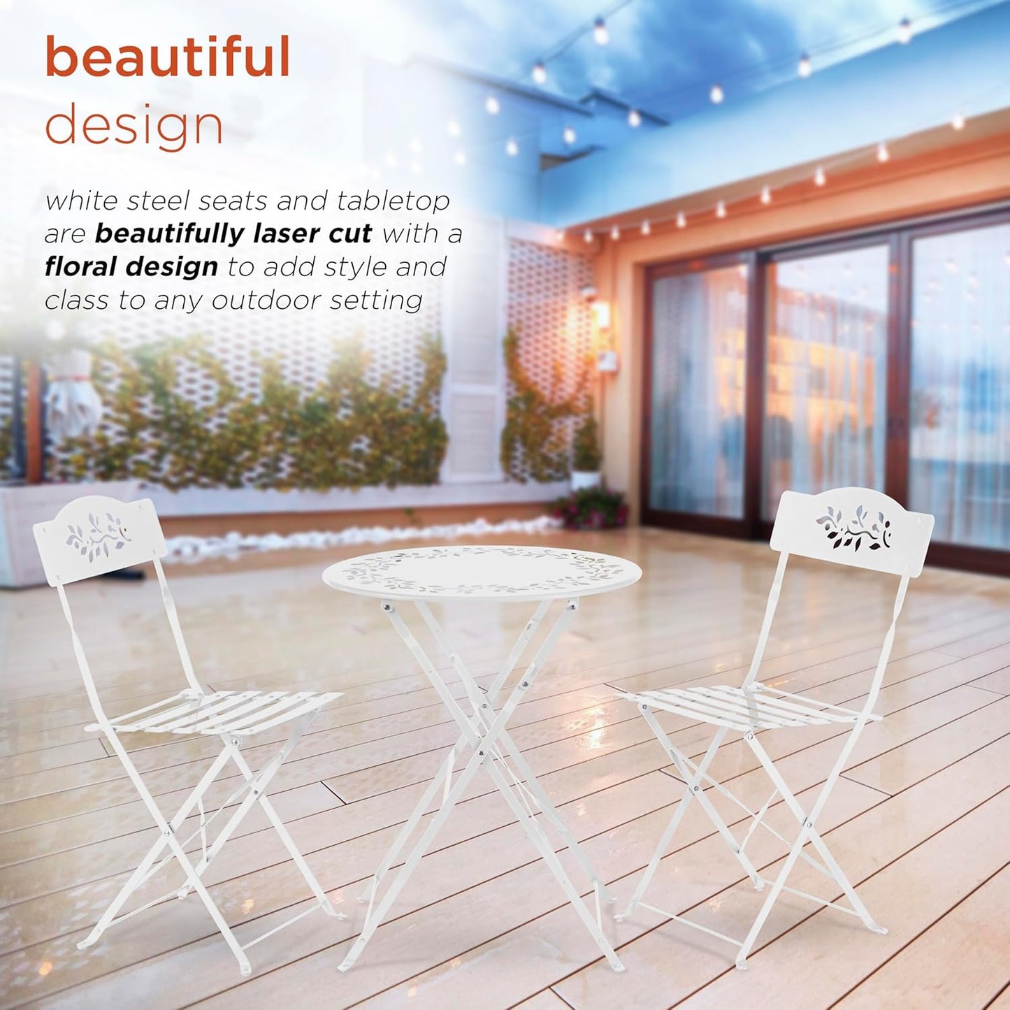 Alpine Corporation Indoor/Outdoor 3-Piece Bistro Set Folding Table and Chairs Patio Seating, White