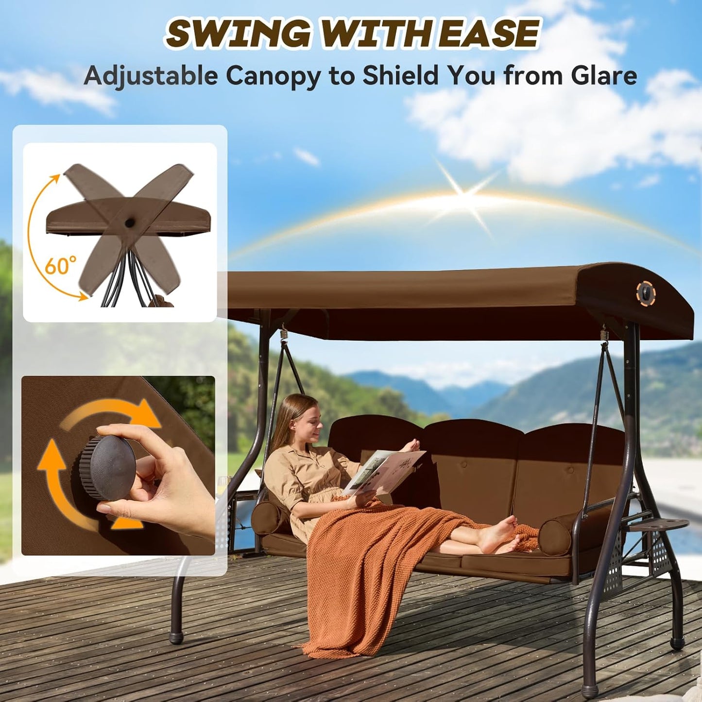 3 in 1 Patio Swing with Adjustable Canopy for Adults, 3 Seat Outdoor Swing with Thickened Cushions,Pillows & Cup Holders for Backyard, Porch, Garden (Brown)