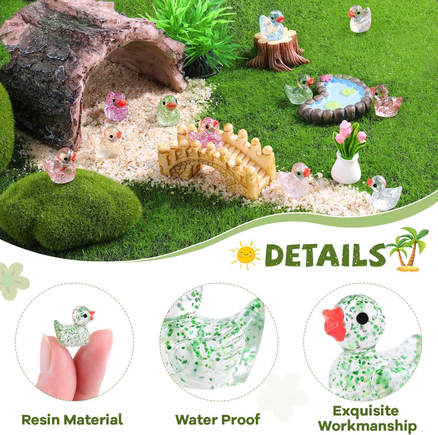 120PCS Mini Resin Animals Cute Colorful Glitter Tiny Ducks, Miniature Figures to Hide, Little Animal Toys Accessories Bulk for Topper Garden Dollhouse Landscape Aquarium Ornaments DIY Crafts & Decor