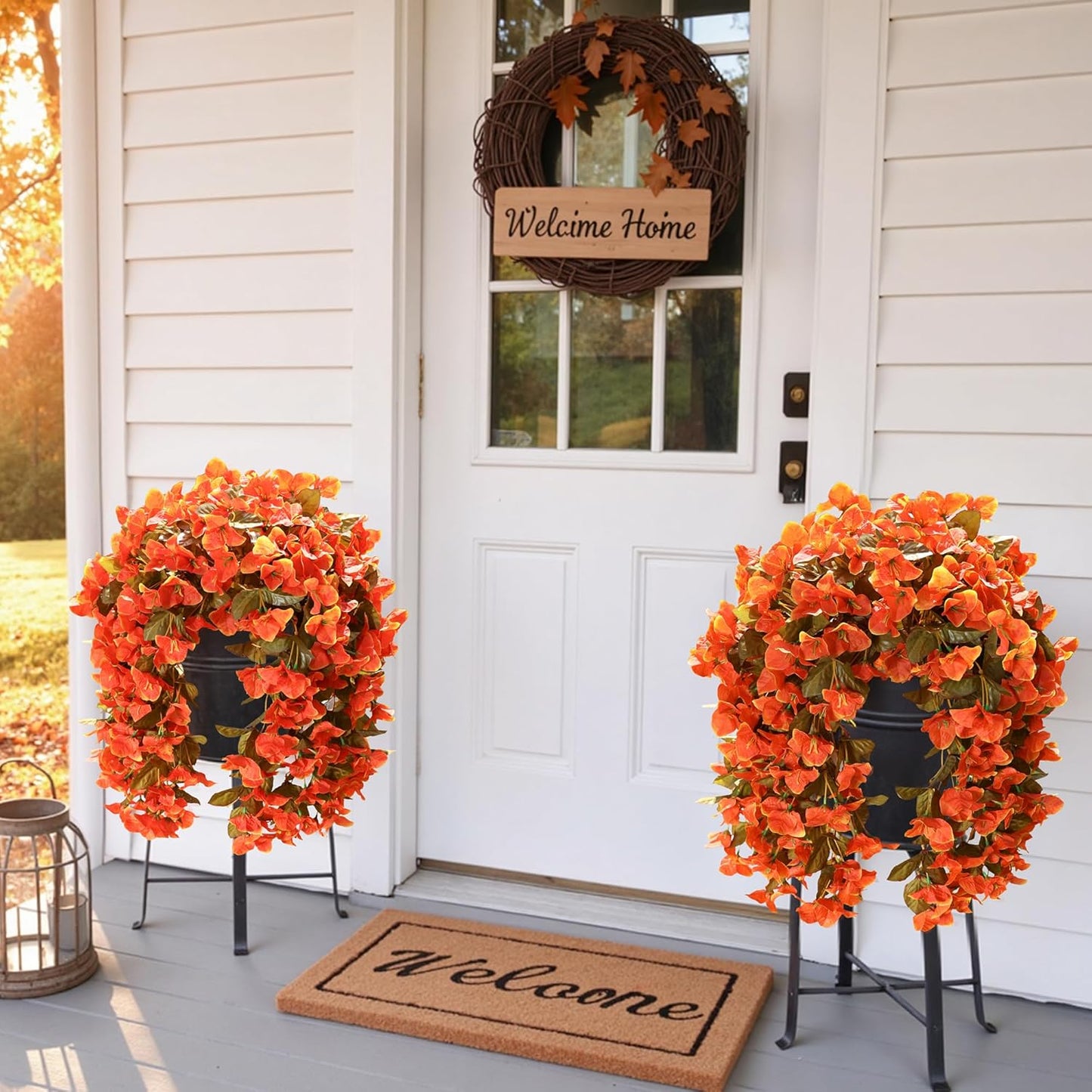 Bougainvillea Artificial Fall Hanging Flowers Plants for Outdoors Autumn Decoration, 2pcs Faux Bougainvillea Vines Orange Fake Flowers Realistic UV Resistant Silk Flowers for Outside Planter Yard Home