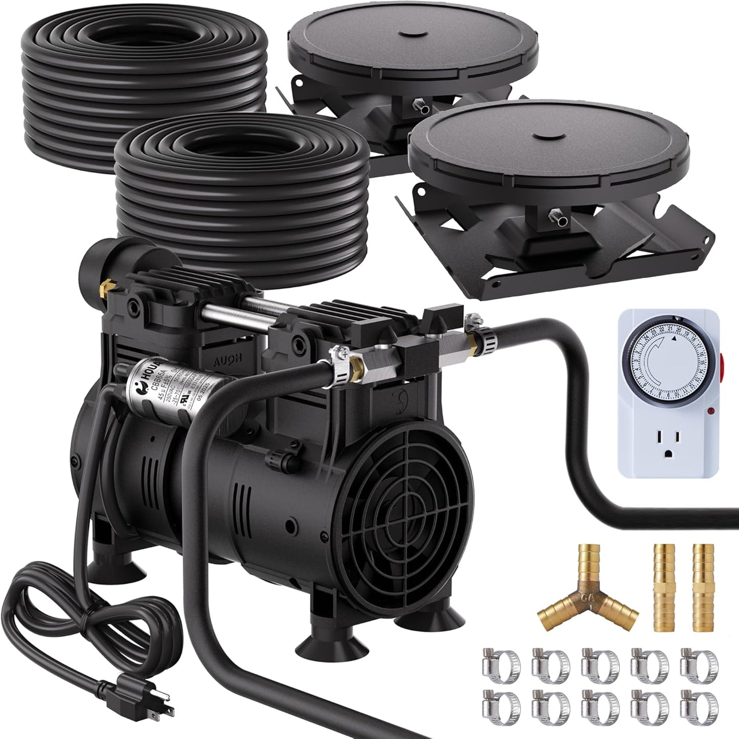 HQUA PAS20 Pond & Lake Aeration System for Up to 3 Acre, 3/4 HP Compressor + Two 100' Weighted Tubing + 2 Diffusers